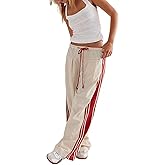 Yeenily Wide Leg Sweatpants Women Striped Drawstring Fall Pants Baggy Low Rise Drawstring Sport Sweatpants with Pocket