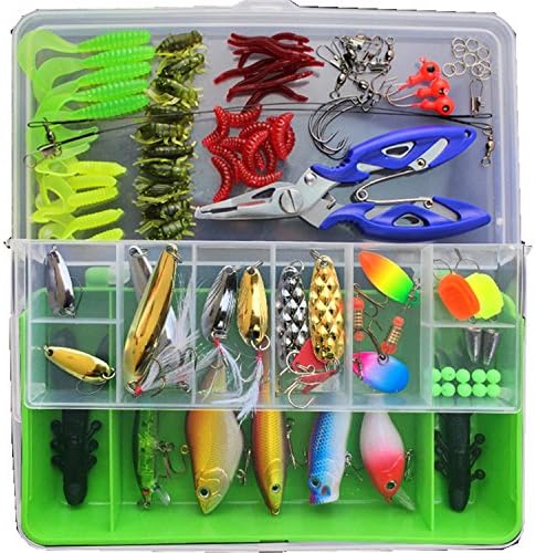 Fishing Lures Baits Tackle, NewKingStar 101 Pcs Bionic Fishing Tackle Set with Plastic Box Fishing Spoons for Freshwater Saltwater Trout Bass Salmon (Blue)