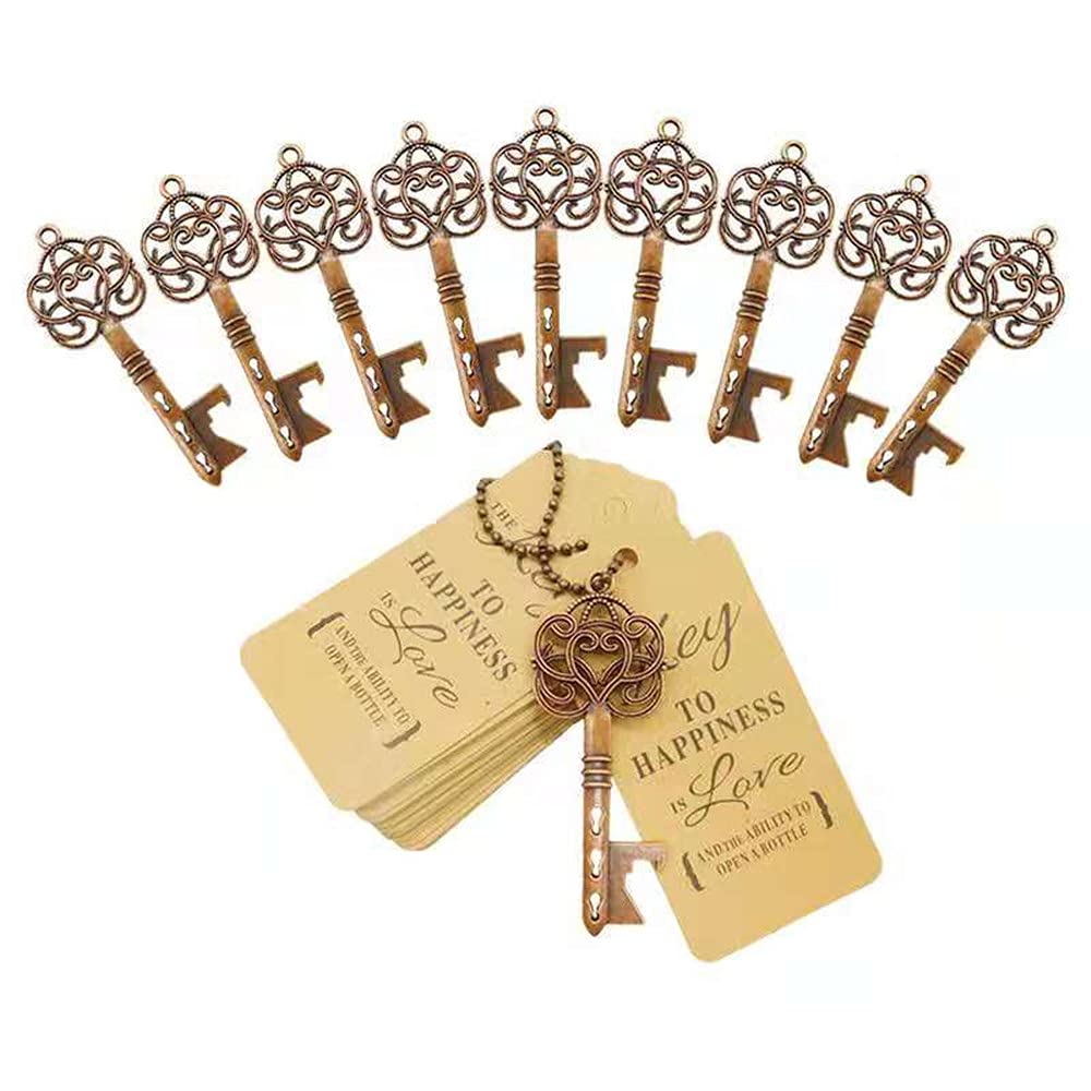 Aotoer 50Pcs Antique Key Bottle Opener Wedding Favors, Vintage Skeleton Key Bottle Opener Wedding Party Favor Souvenir Gift for Guests with Escort Card Tag and Key Chains