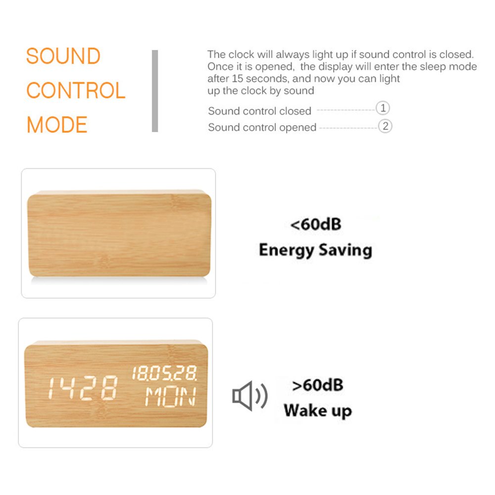 wivarra Réveil en Bois Numérique Réveil LED en Bois Horloge Numérique Activation 3 Niveaux Luminosité 3 Alarmes Afficher Heure Date Semaine Température Alimenté par USB ou Batterie