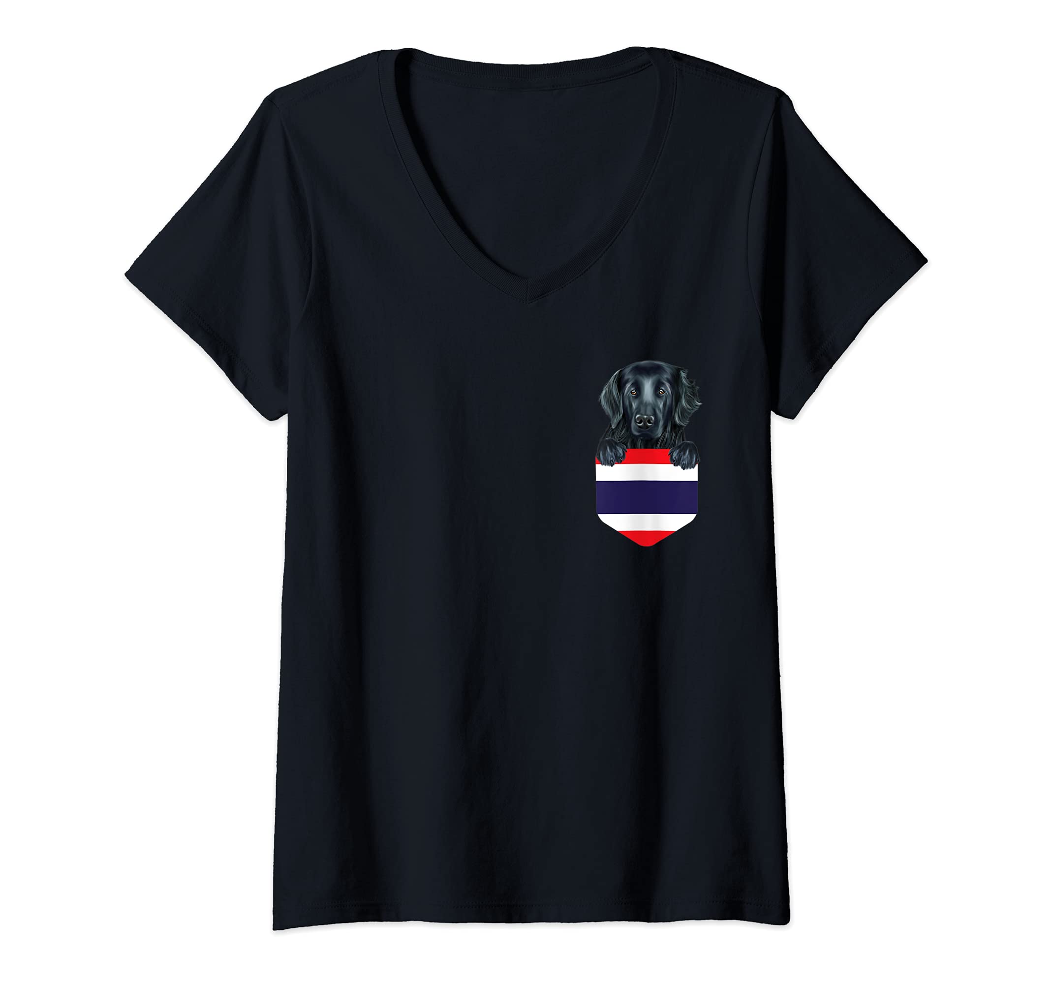 Womens Thailand Flag Flat-Coated Retriever Dog In Pocket V-Neck T-Shirt