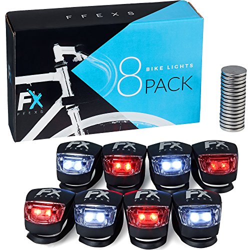 Bike Lights Front and Back - Bike Lights Set of 8 (Bateries + 8 Extra Sets of Batteries Included) - Bright Bicycle Lights Front Rear with Waterproof Silicone Housing - Compact & Easy to Install Cyclin