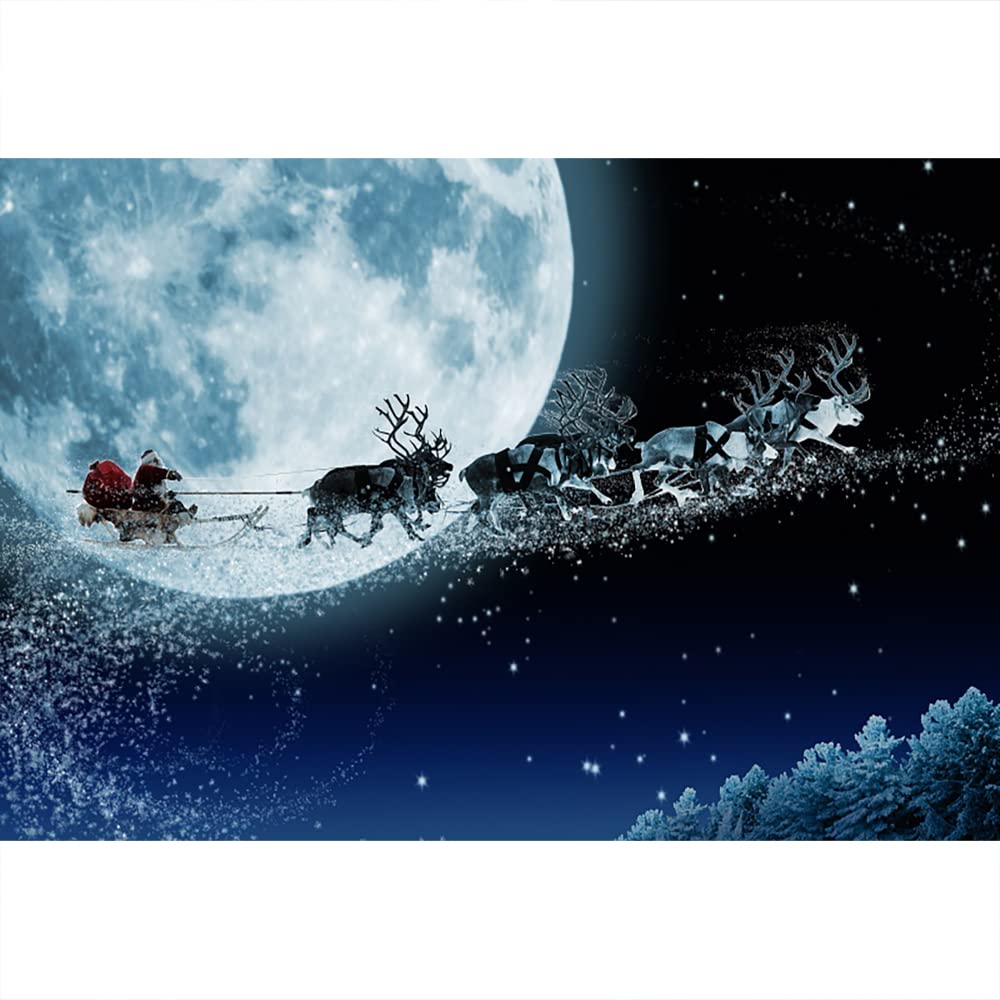 Aoihrraan 2,7x1,8m Christmas Eve Backdrop Santa Claus Full Moon Sleigh Winter Snow Sky Night Photography Background Baby Shower Happy New Year Holiday Party Banner Portrait Photo Studio Props