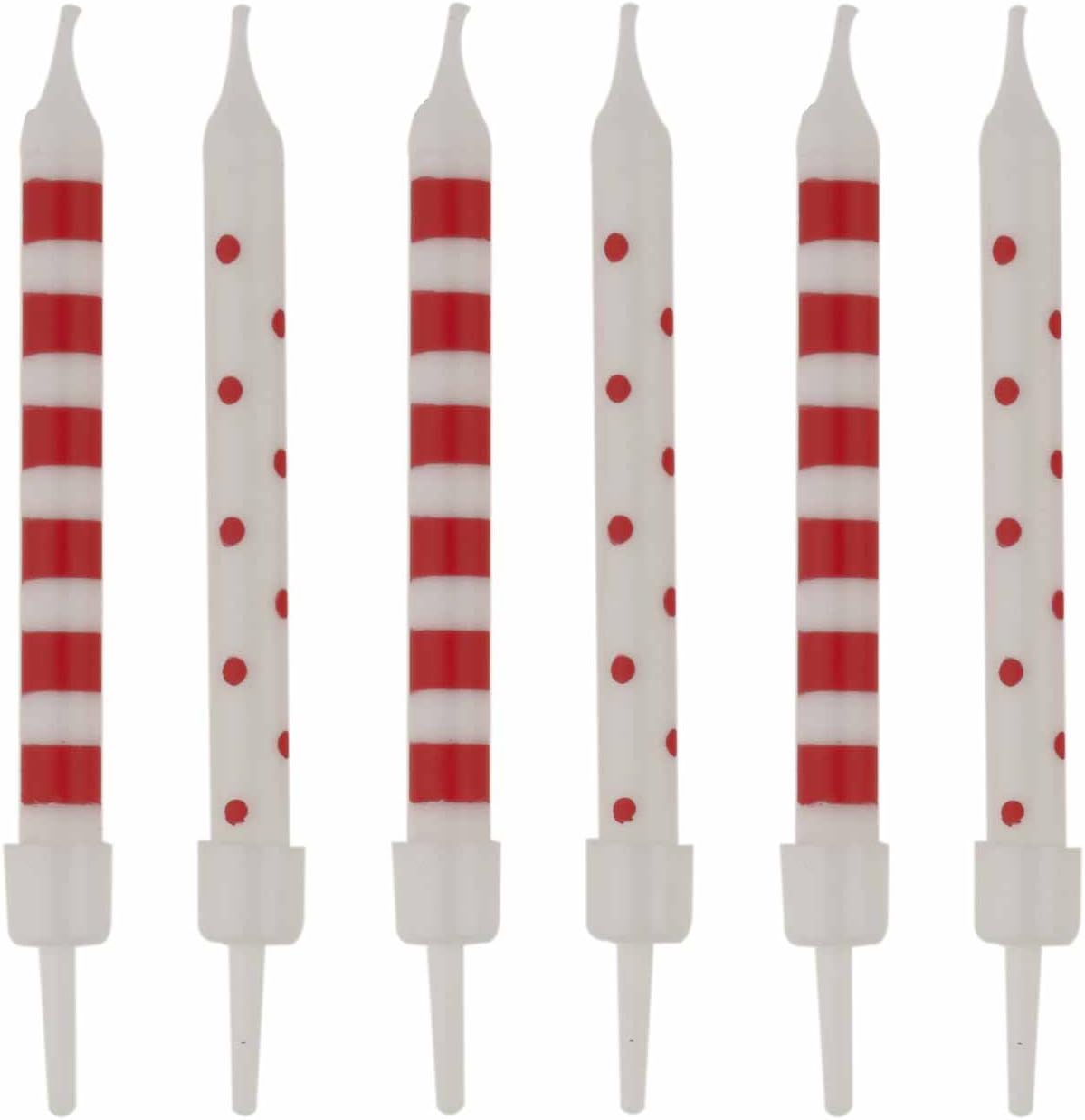 Polka Dots and Stripes Cake Candles With Holders 12's (Red and White)