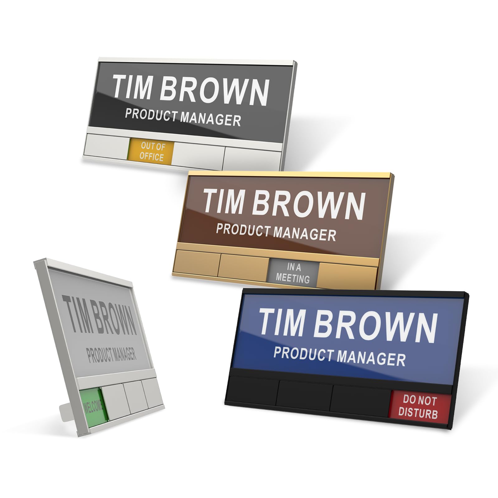 Photo 1 of 2-IN-1 Aluminum Name Plate For Desk/Doors/Cubicle Wall, With 4 Status Options, Combination Of Office Door Signs And Name Plate, Free To DIY The Printing Content (Silver)
