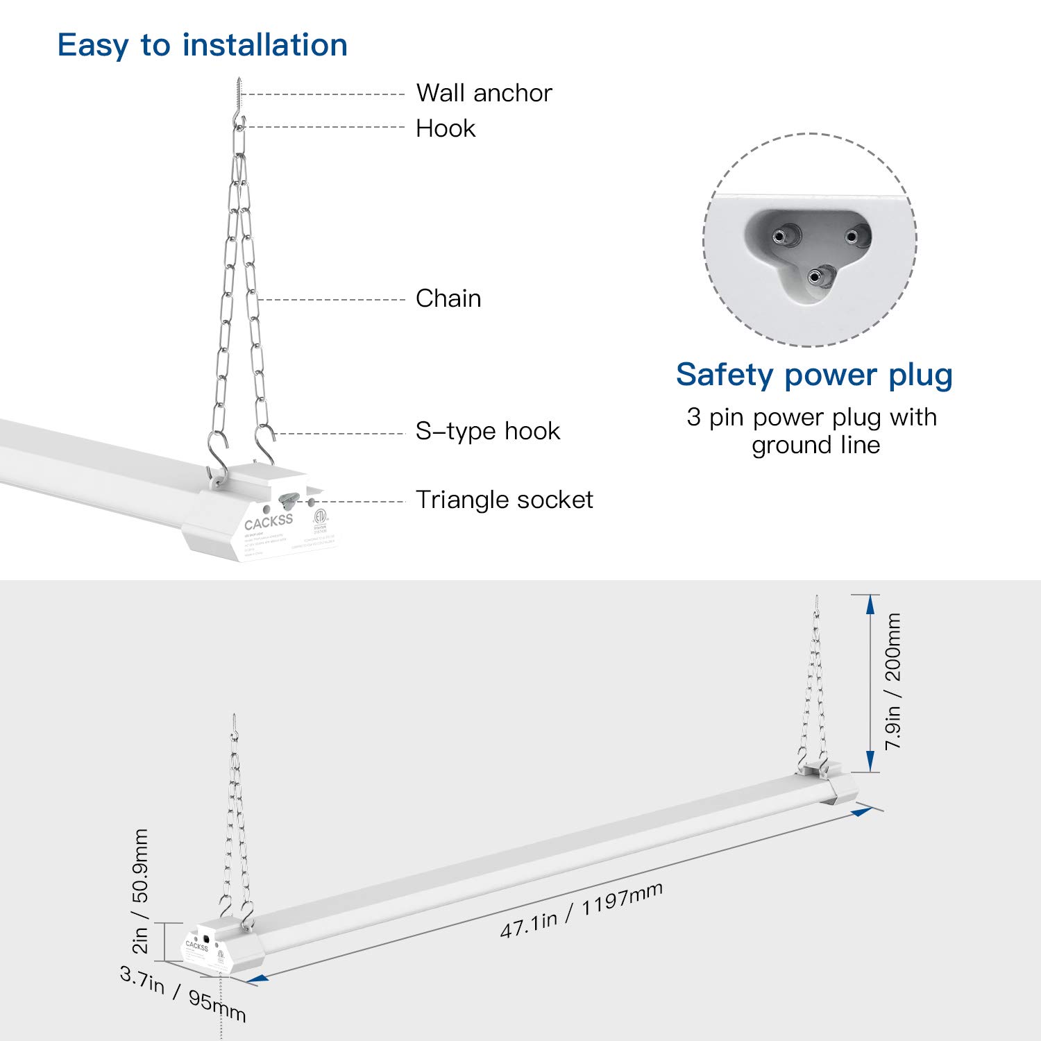 Linkable LED Shop Light for Garage, 40W 4800LM worklight Fixture with Pull Chain, 5000K Super Bright LED Utility Light, Ceiling 4FT Light, for Workshops Basement Storage Workbench, ETL Listed, Pack 4