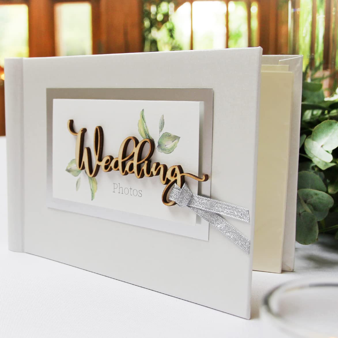 Wedding Pocket Photo Album | Fits 24 photos 4" x 6" (10 x 15cm) Photos in 12 pocket pages | Spiral bound | Premium textured white finish | Hand finished in Chester UK with Wood Wedding decal