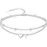 SILVERCUTE Silver Anklets for Women, Waterproof Initial Heart Ankle Bracelets Sterling Silver, Adjustable Layered Foot Jewelry Summer Beach Fashion with Personalized Name Design, Gift Package