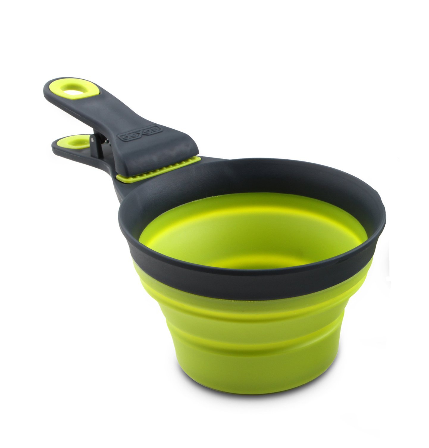 Dexas Popware for Pets Collapsible Klip Scoop, 3 in 1 Design Convenient Measuring Cup, Food Scooper and Bag Clip,1 Cup Capacity Pet Food Scoop, Versatile Food Measuring Cups Portion Control Gray/Green