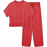 Fisoew Womens 2 Piece Outfits Sweater Sets Knit Split Crop Tops High Waisted Pants Lounge Set