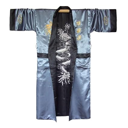 Princess of Asia Japanischer Wende-Kimono Satin Morgenmantel für Damen & Herren mit Drachen-Stickerei