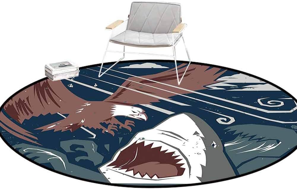 Room Carpet Sea Animal Decor Modern Murky Motley of The Battle of Shark vs. Eagle Attack Fight Power Brown Blue Rugs for Living Room Round 5'Diameter