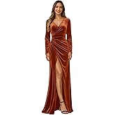 keosin Long Sleeve Velvet Dress for Women Bridesmaid Dresses 2025 V Neck Formal Evening Dress with Slit