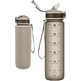 Newfad Water Bottle with Straw, Motivational 32 oz Water Bottles with Time Marker & No Sweat Sleeve, BPA Free Leak Proof Gym Bottle with Times to Drink