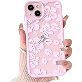 NITITOP Compatible with iPhone 14 Case Cute Clear Hibiscus Floral Flower Pattern for Women Girls Color Frame Slim Shockproof Durable Protective Phone Cover - Pink