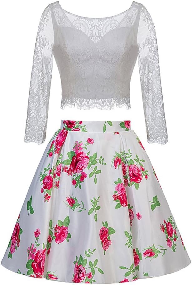 TANGFUTI Two Piece Homecoming Dress Short Lace Floral Half Sleeves Prom Graduation Gowns
