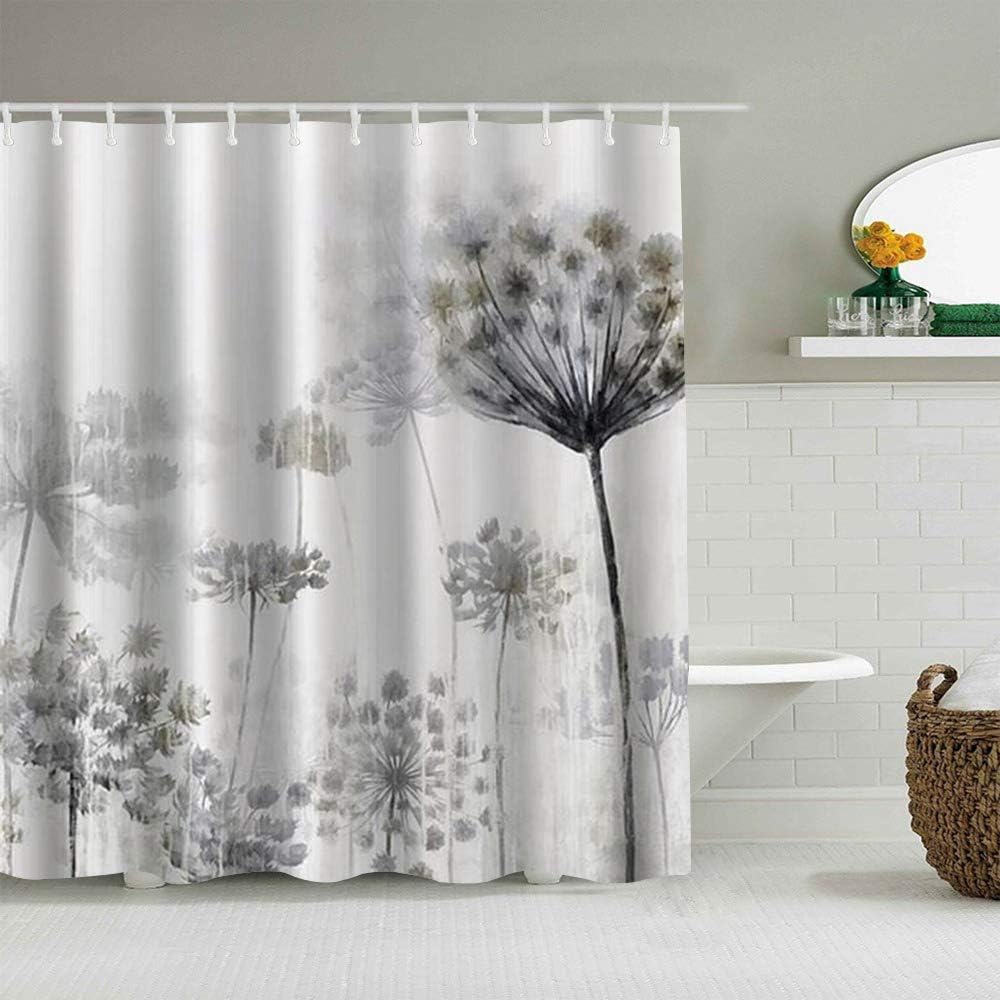 MJIAX Polyester Fabric Shower Curtain,Black and White Dandelion Print