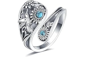 EJALEN S925-Sterling-Silver Abalone Dragonfly-Turquoise Spoon Ring - Vintage Boho Sunflower Thumb Oxidized Wrap Rings Victorian Style Antique Floral Jewelry Gifts for Women