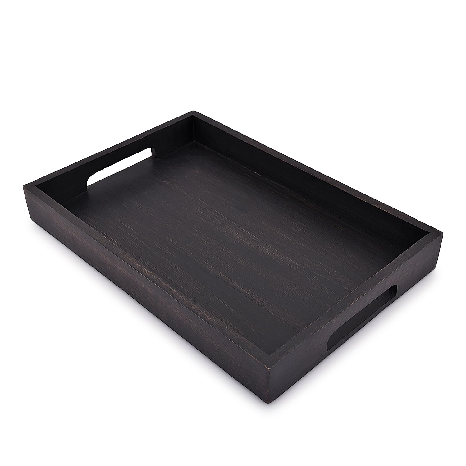 EDHAS Acacia Wood Rectangle BLACK Serving Tray for Breakfast Dinner Drinks Kitchen Dining Living Bathroom With Handle (38.1cm x 25.4cm x 4.06cm)
