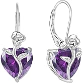 FJ Heart Dangle Drop Earrings 925 Sterling Silver Rose Flower Leverback Earrings Birthstone Jewelry for Women