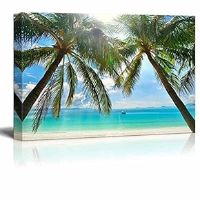 Beautiful Scenery Landscape Sunny Beach with Palm Trees on a Tropical Island - Canvas Art Wall Art - 12" x 18"