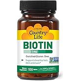 Country Life Biotin 1mg Supports Healthy Hair, Skin & Nails, 100 Tablets, Certified Gluten Free, Certified Vegan, Certified Halal, Non-GMO Verified