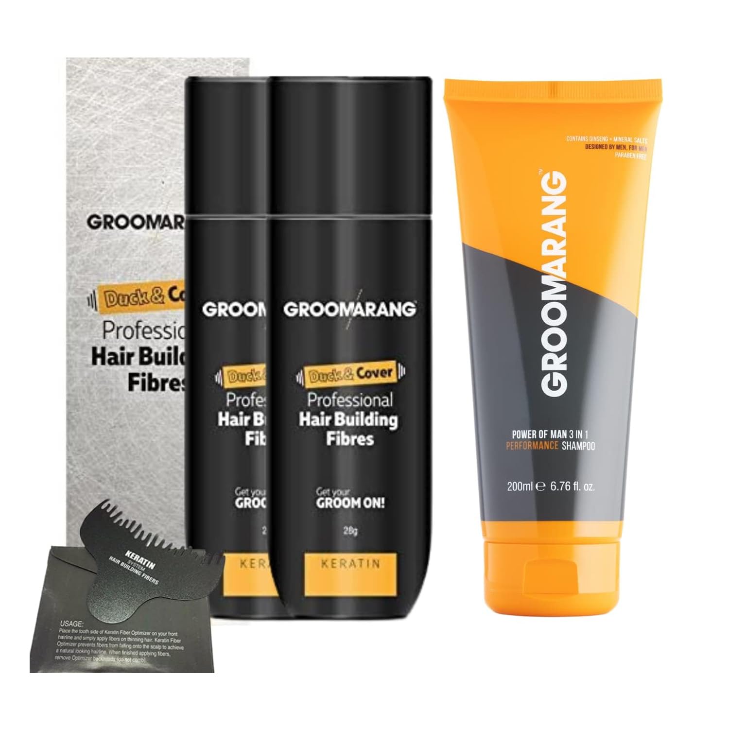 Hair Fibres X2 GROOMARANG Keratin Hair Building Fibres for Thinning Hair- Instantly Conceals Thinning Areas for Fuller Thicker Hair- For Men & Women 28g PLUS 200ml Shampoo & Optimiser (Light Brown)