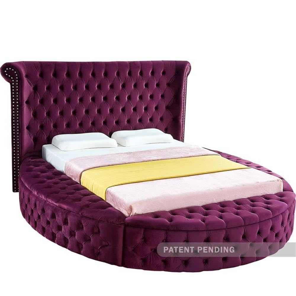 Photo 1 of **WILL NEED A TRUCK FOR PICKUP. SOME OF PURPLE CUSHION TORE****Meridian Furniture LuxusPurple-K Luxus Collection Modern | Contemporary Round Shaped Velvet Upholstered Bed with Deep Button Tufting and Footboard Storage, 110" W x 100.5" D x 56" H, Purple, K