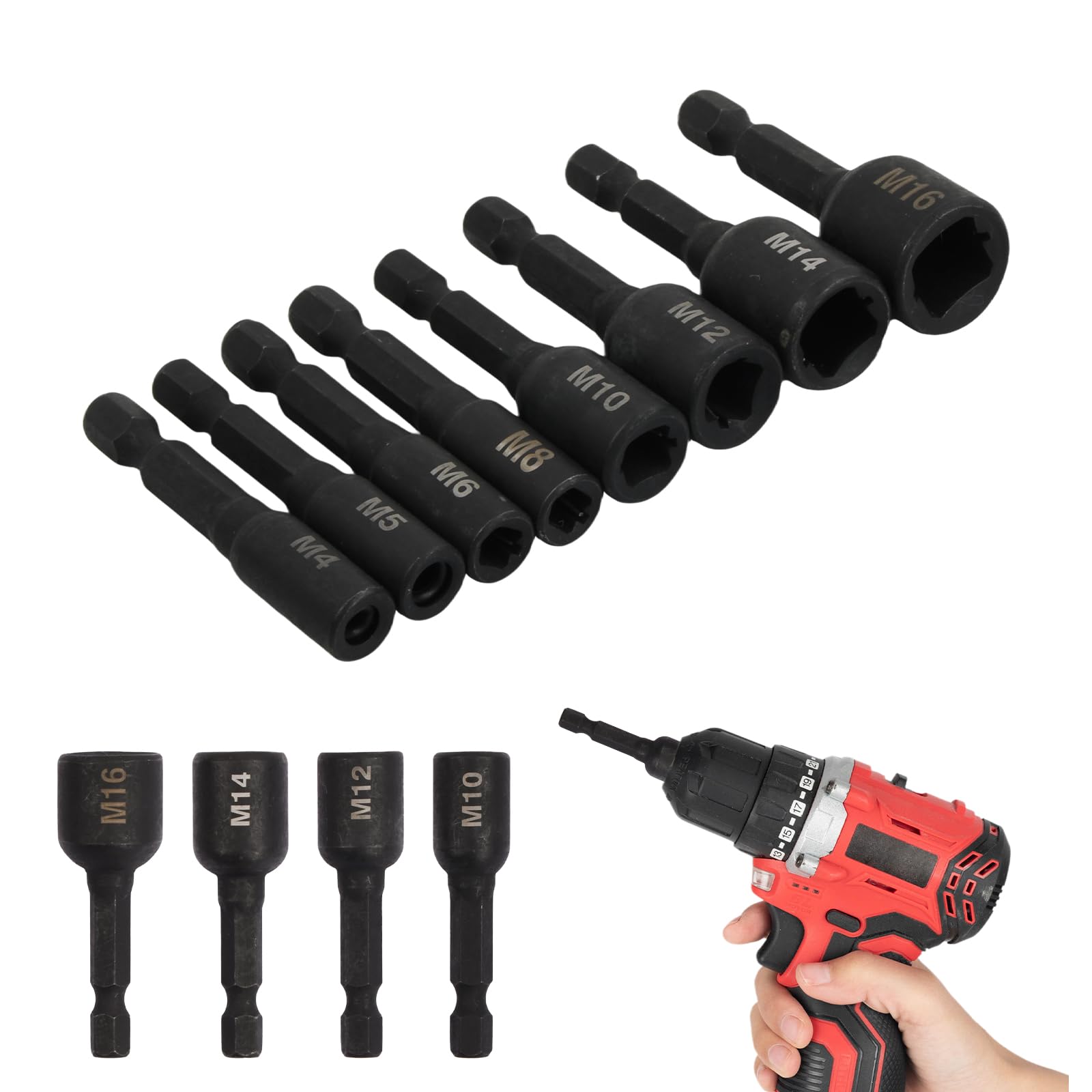 8Pcs Tap Socket Wrench Set, M4-M16 Air Screwdriver Socket Adapter, 1/4 Inch Hex Shank Machine Tap Driver, Alloy Steel Machine Square Thread Taps for Drill DIY Handworking Auto Repair, 50mm