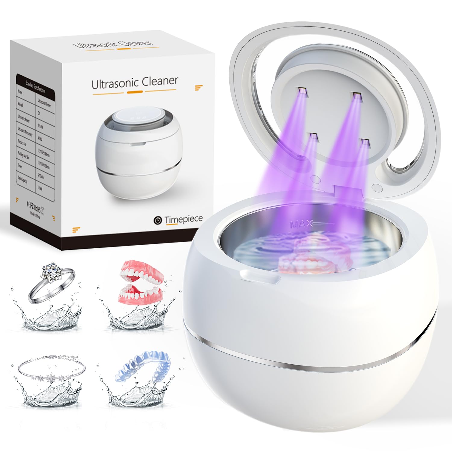 Photo 1 of Ultrasonic Denture Cleaner, Ultra Sonic Retainer Cleaner Machine for Dentures, Mouth Guards, Braces, Toothbrush, Electronic Rapid Retainer Nightguards Denture Bath Pod with Digital Timer (White)