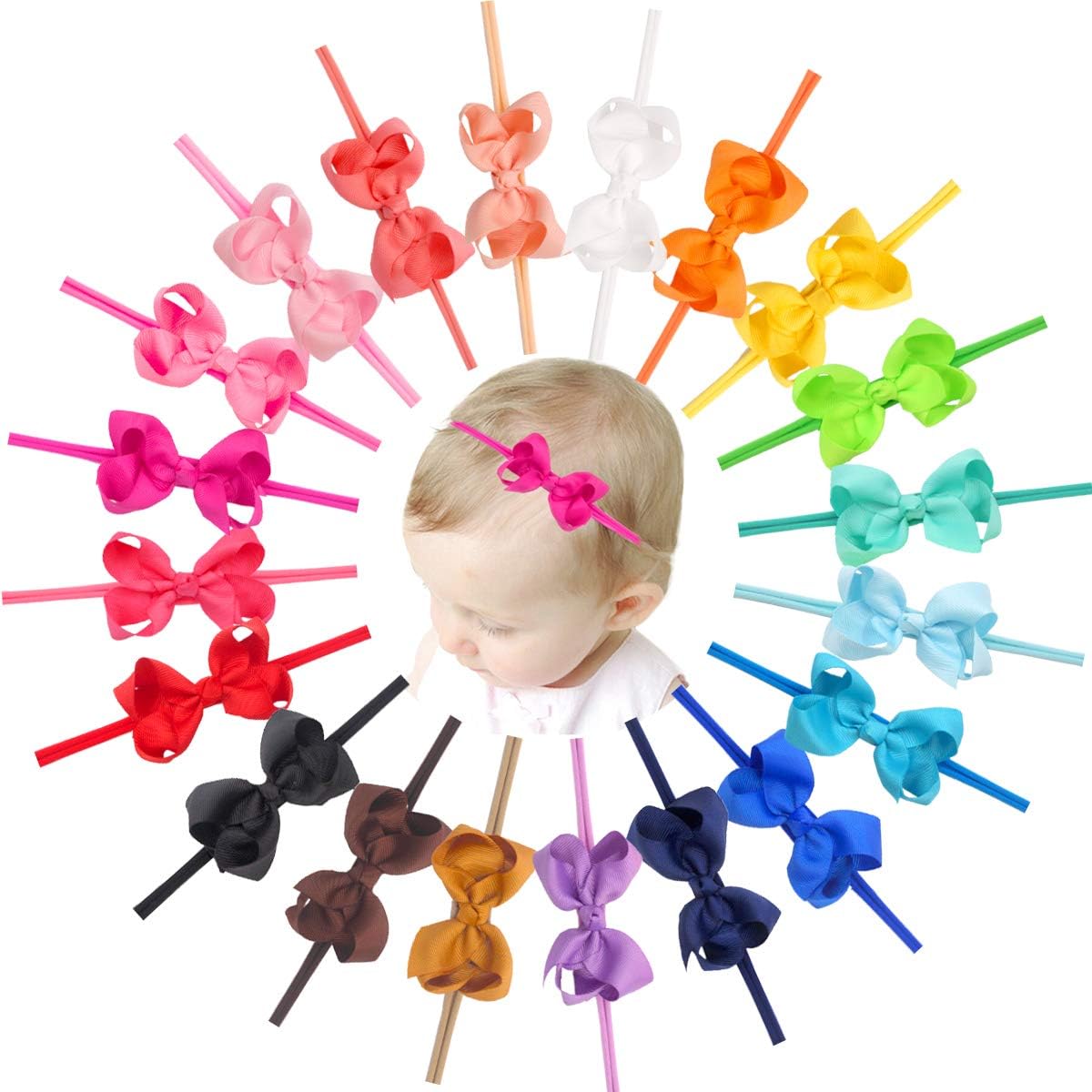 20Pcs Baby Headbands 3 Inch Grograin Riboon Cheer Hair Bow Baby Girls Nylon Hairbands for Infant Newborn Toddlers