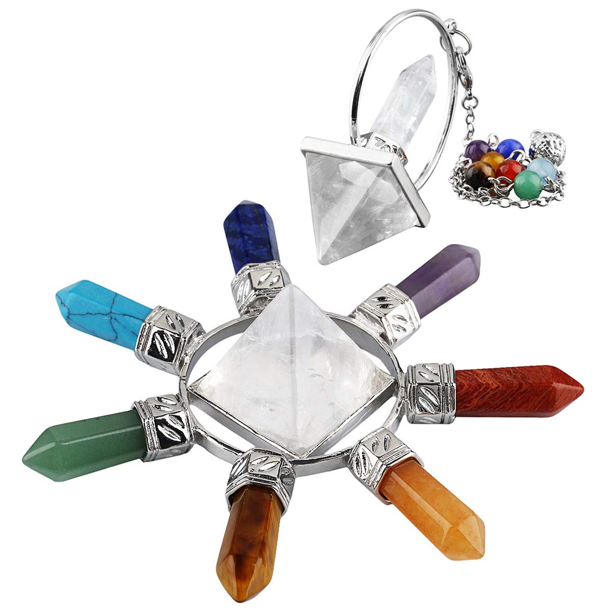 Nupuyai Rock Crystal 7 Chakra Pyramid and Pendulum Set, Healing Stone Kit, Energy Pyramid with Crystal Point for Protection Dowsing Chakra Healing and Meditation Yoga Balancing