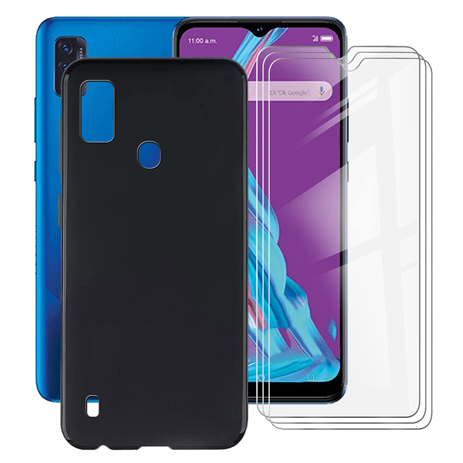 ZXLZKQ Silicone Case + 3 Pieces Tempered Glass for ZTE Blade A51 (6.52 Inches), HD Glass Mobile Phone Case Soft Silicone Bumper Case Black – Black