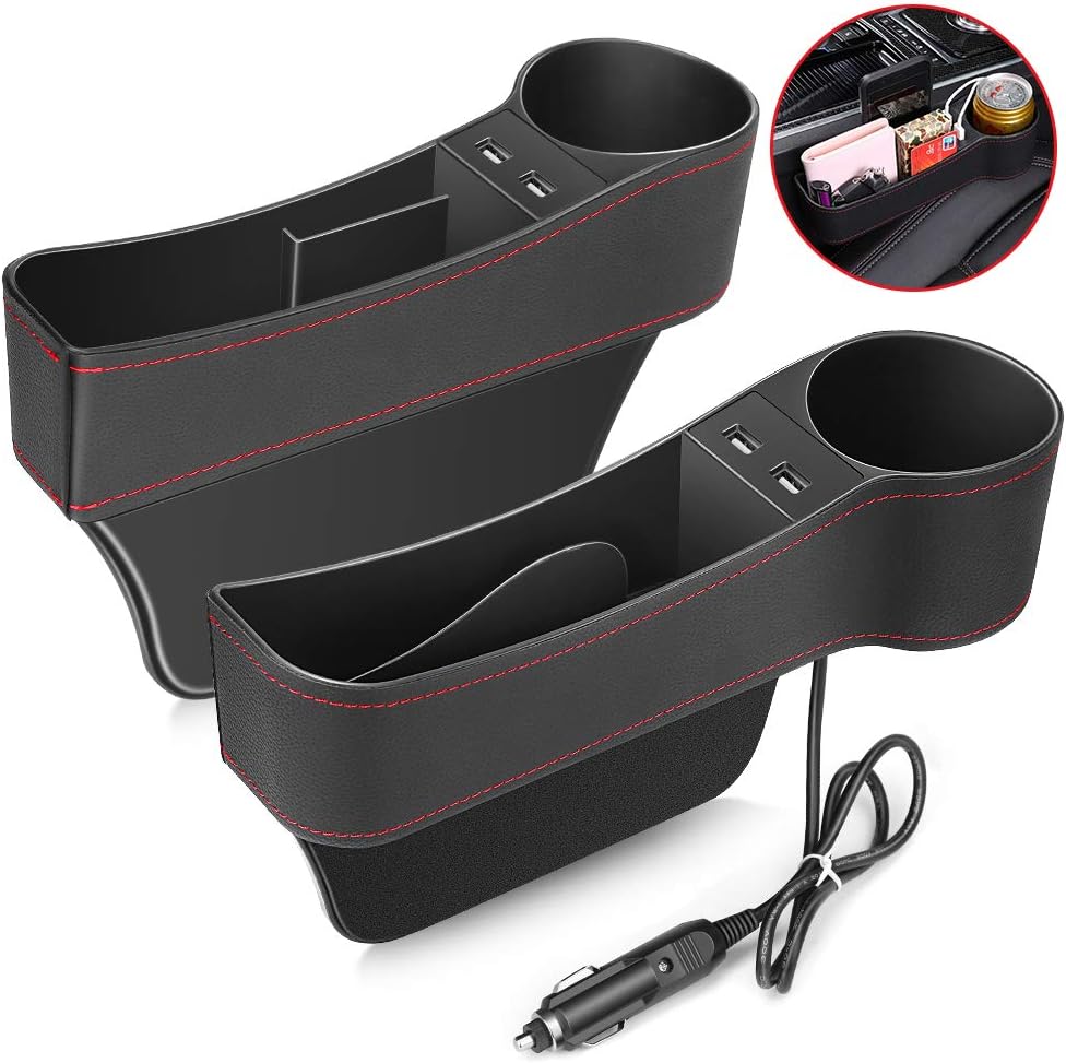 Electop Car Seat Gap Filler, Car Seat Gap Organizer Front Seat with Cup Holder/2 USB Ports, Premium PU Leather Console Side Pocket Car Organizer Car Seat Storage Box (2 Pack)