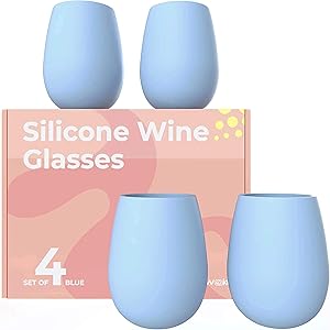 Stemless Silicone Wine Glasses Set 4 - Pink Wine Glasses Set Of 4 - Outdoor Glasses Unbreakable Set 14 oz - Outdoor Wine Glasses Unbreakable Set BPA Free - Shatterproof Wine Glasses (Blue)