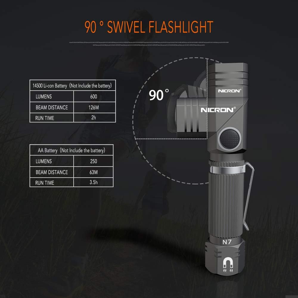 Flashlight, NICRON N7 600 Lumens Tactical Flashlight, 90 Degree Mini Flashlight Ip65 Waterproof Led Flashlight 4 Modes- Best High Lumens are for Camping, Outdoor, Hiking （Not Including Batteries）Gift - - 