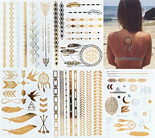 Modern Boho 5 Sheets Metallic Tattoos Flash, Gold/Silver, Tribal Collection