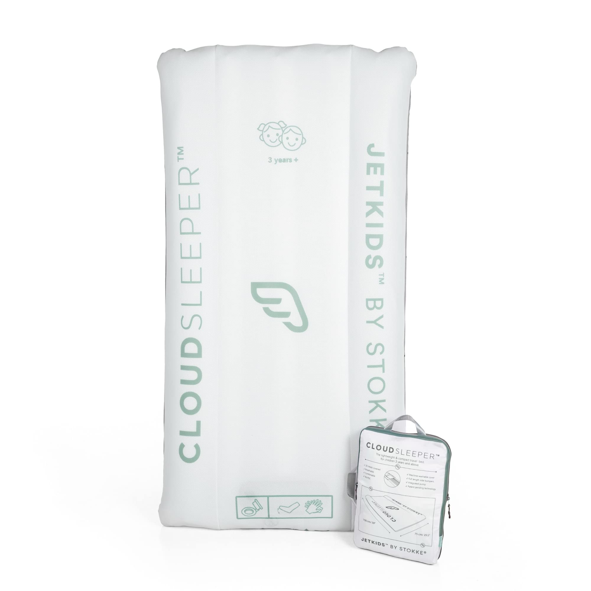 Stokke JetKids CloudSleeper - Kids Inflatable Travel Bed - with Integrated Pump, Breathable Mesh Cover & Full-Length Bumpers to Keep Your Child Safe - Easy to Clean - for Ages 3+