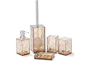 YAUKPH Clear Acrylic Bathroom Accessories Set - Rust-Free, Transparent Design - Includes Soap Dispenser, Toothbrush Holder, Cup, Soap Dish, and Toilet Brush 5-Piece (Brown)