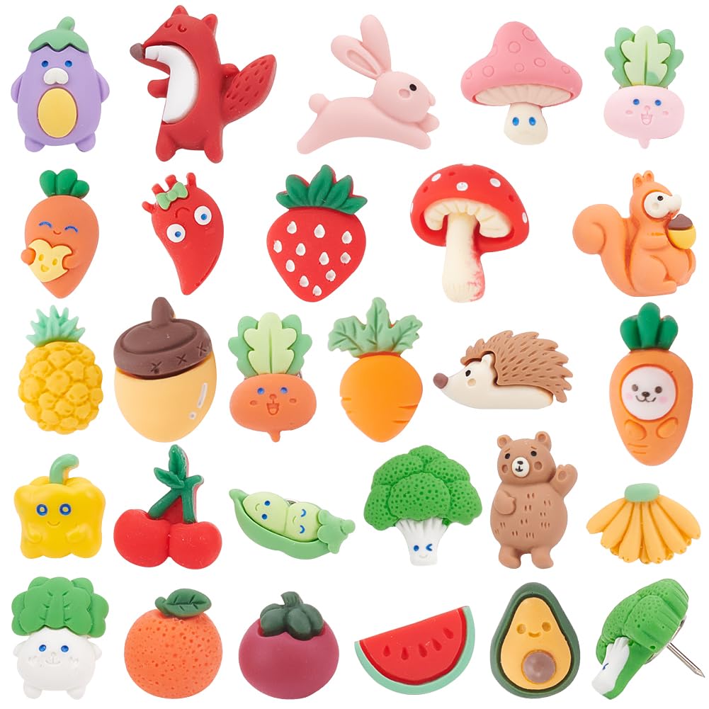 BENECREAT 27pcs Animal & Fruit & Vegetable Pushers, Resin Drawing Pins, Thumb Tacks, Cork Board Pins, Autumn Theme Push Pins for Bulletin Board Photo Wall Pins Classroom Supplies