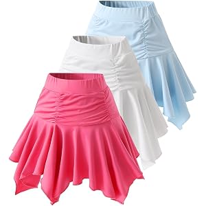 Fdqin 3 Pack Skorts for Girls Asymmetrical Skirt Flowy Skort High Waist A Line Skirt Pleated Ruffle Athletic Skirt