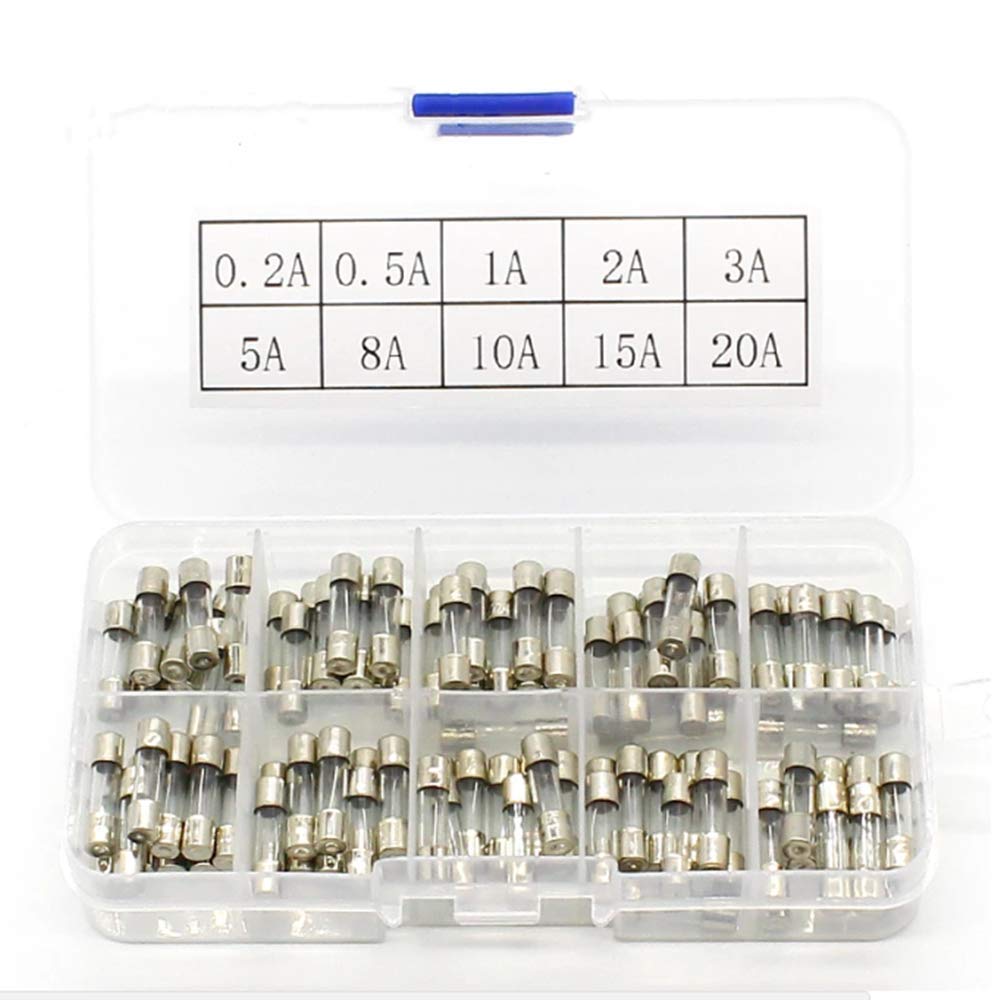 100pcs Fast Blow Fuses Assortment Kit 5 * 20mm 0.2A 0.5A 1A 2A 3A 5A 8A 10A 15A 20A in a Box