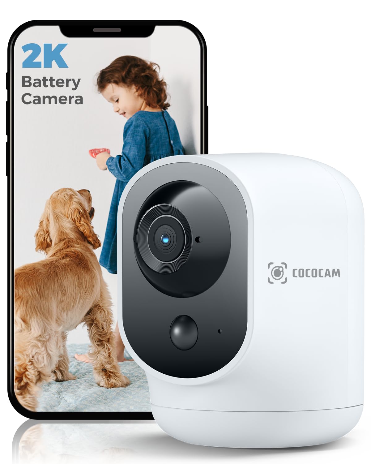 Photo 1 of COCOCAM 2K Indoor Pan/Tilt Security Camera with 5200mAh Battery, WiFi Camera,Wireless for Baby Monitor/Pet/Home Security, AI Recognition, PIR Human Detection, 2.4G WiFi (White)