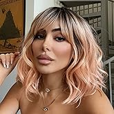 NOBLE Pink Orange Wig for Women Peach Wig with Bangs Ombre Bob Curly Wigs with Air Bangs Synthetic Short Wavy Wigs with Bangs Heat Resistant Synthetic Daily Party Cosplay Costume Wigs