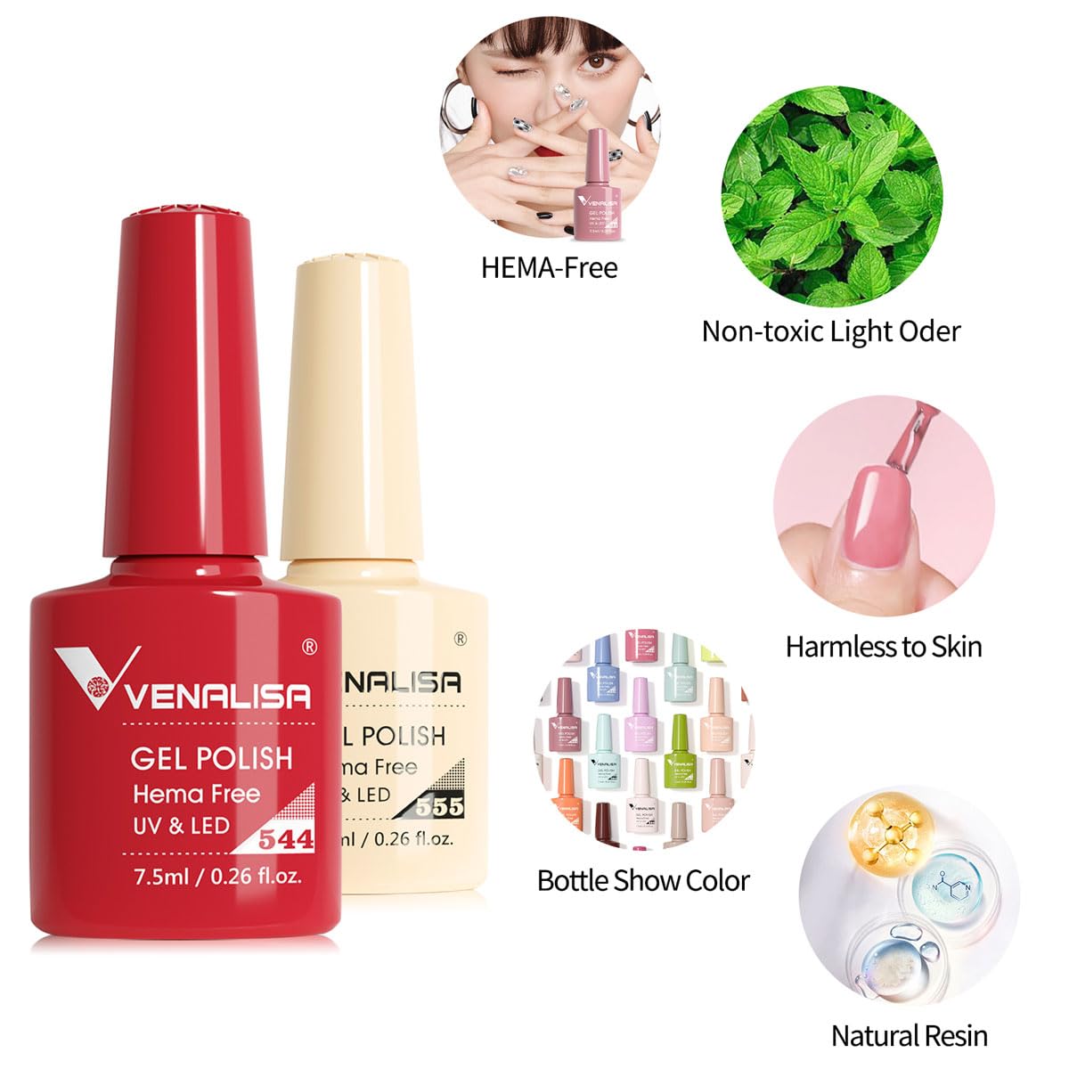 VENALISA VIP5 65PCS Hema Free Gel Nail Polish Set, 60 Colors Sparkle Glitter Jelly White Nude Pink Red Green Brown Gel Polish Kit with Base Gel Top Coat Nails Manicure Salon at Home - Image 8
