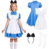 Cardkiss Halloween Costumes for Girls Blue Princess Dress with White Apron, Bow Headband and Socks