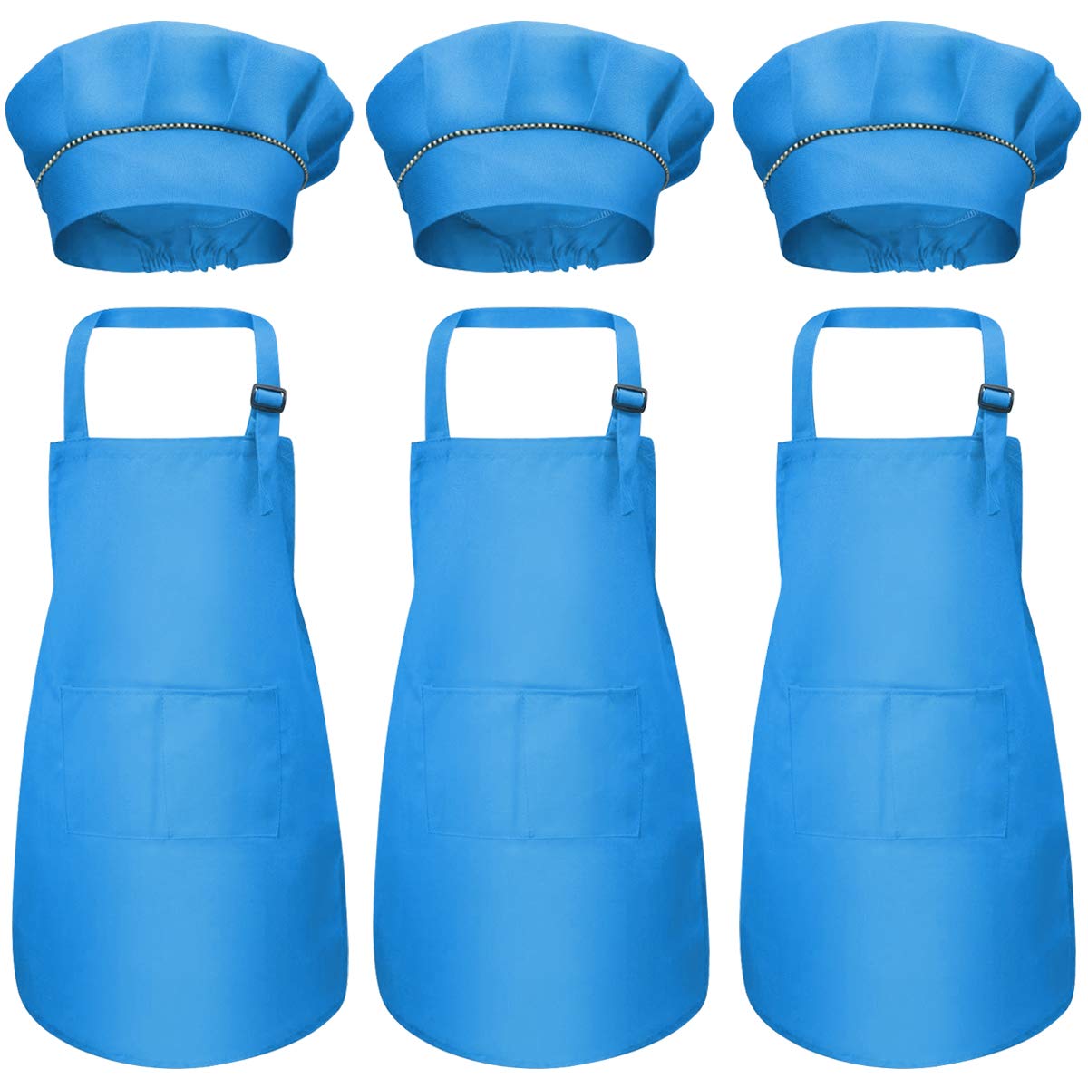 Fodlon 6 x Children's Apron and Chef Hat Set, Chef's Aprons with Pockets, Adjustable Kitchen Aprons, Garden, Bamboo, Cooking Aprons for Painting Crafts (7-13 Years) (Blue)