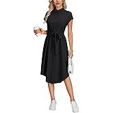 Rooscier Women's Mock Neck Button Down Tie Waist Cap Sleeve Side Split Curved Hem Midi Dress
