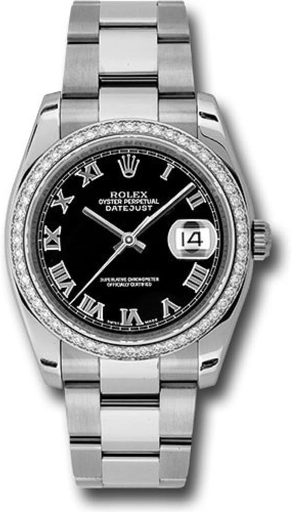 Datejust 36mm Stainless Steel Case, 18K White Gold Bezel Set with 52 Brilliant-cCt Diamonds, Black Dial, Roman Numerals, and Stainless Ssteel Oyster Bracelet.