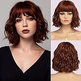 EssionTech Short Auburn Wigs for Women Dark Ginger Wig with Bangs Wigs Natural Looking Curly Hair Medium Length Synthetic Bob Wig Wavy Colorful Wigs（14 Inches）